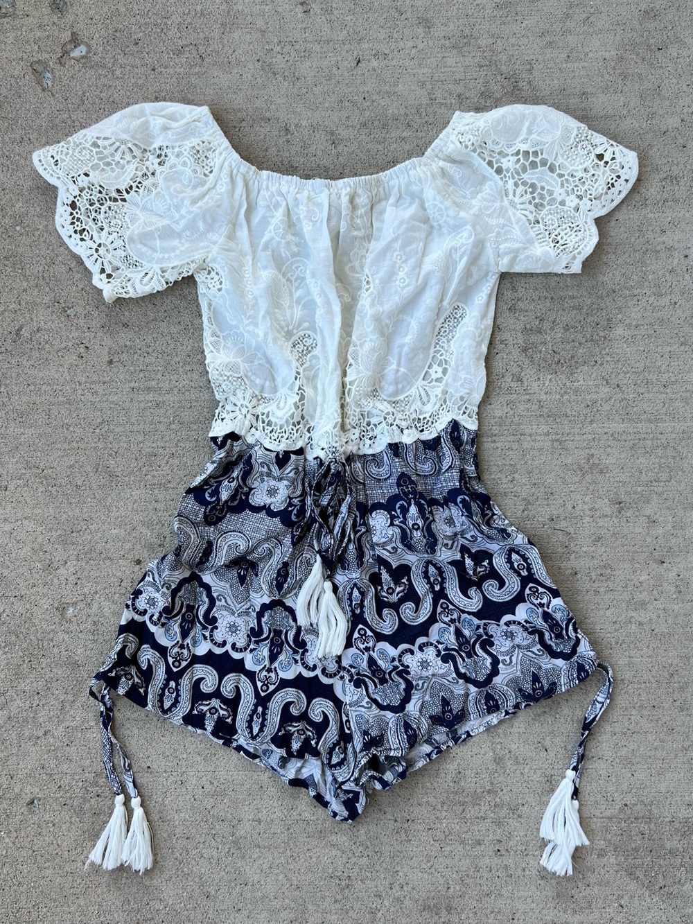 Jaase White Lace Off-Shoulder Top with Navy Paisley Romper